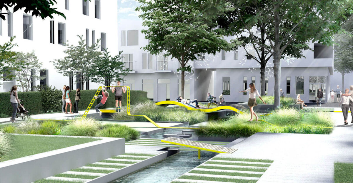 en illustreret plan med områdefornyelsen i Ørestad Syd inklusiv placering af gangbroer, bænke og udendørs affaldsspande