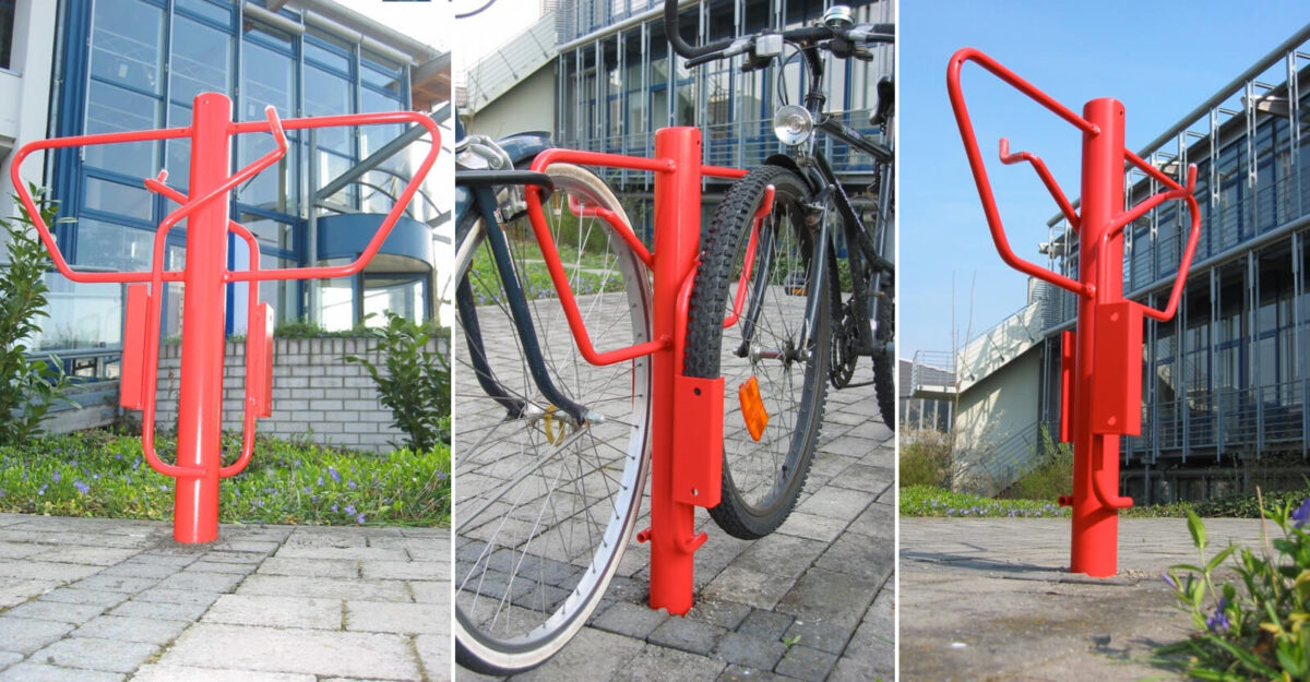 PSI cykellæn – funktionelt og pladsbesparende cykelstativ en pullert med en dobbelt cykelstativ til cykelparkering fra begge sider