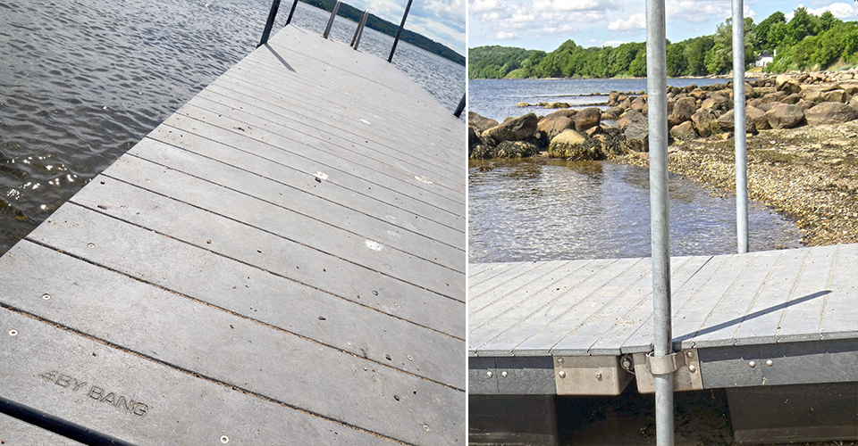 Flydebroen i vedligeholdsfrit genbrugsplast til havneanlæg, marina, roklubber og strand som fiskebro, anløbsbro, badebro mv.