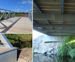 Cykel- og gangbroen fremstillet i solidt galvaniserset stål med betonanslag i hver ende placeret i Fårup by